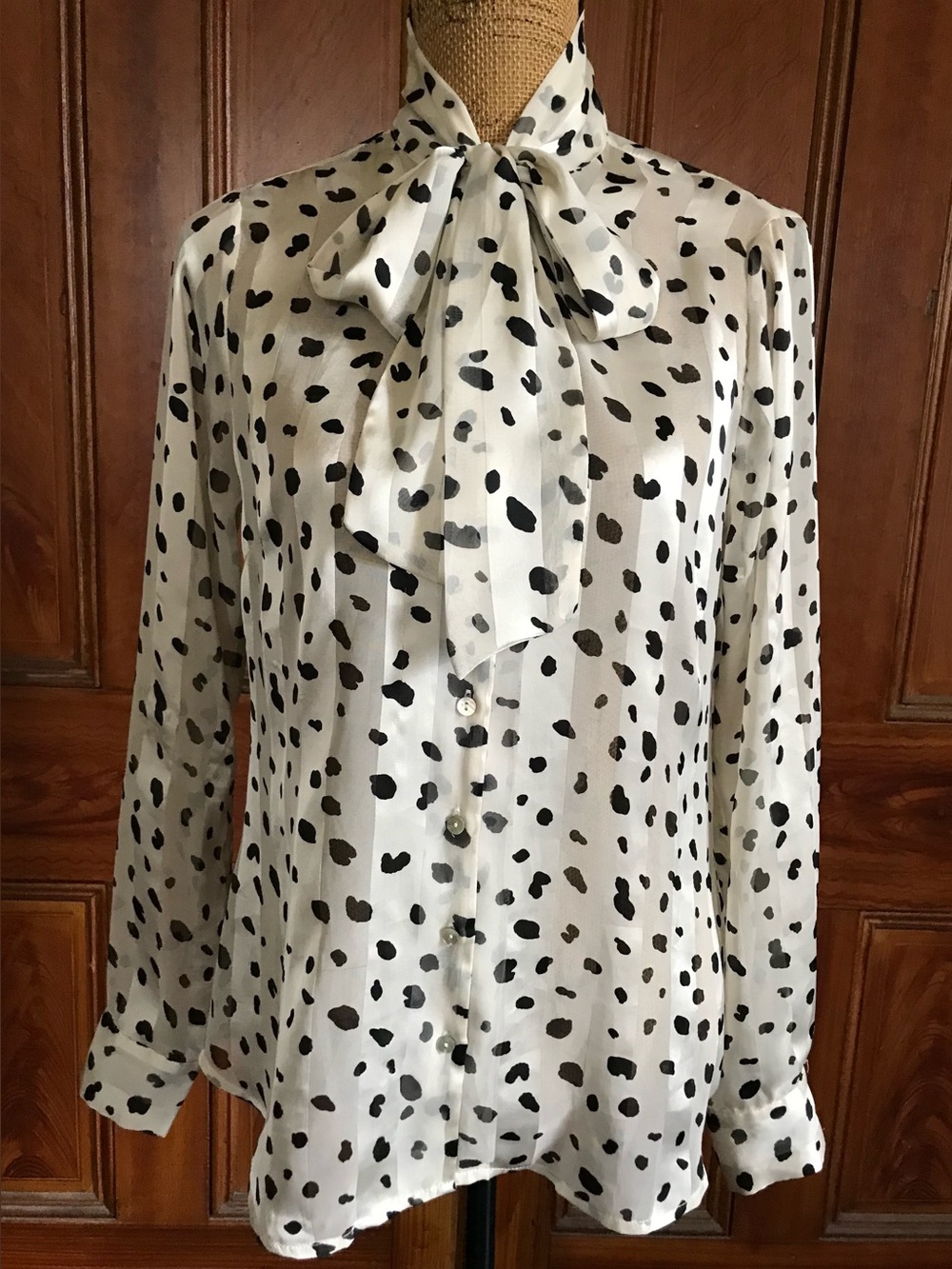 Vintage 40’s-inspired 80’s-inspo Dalmation Print Chiffon Jabbot Bow Blouse Top